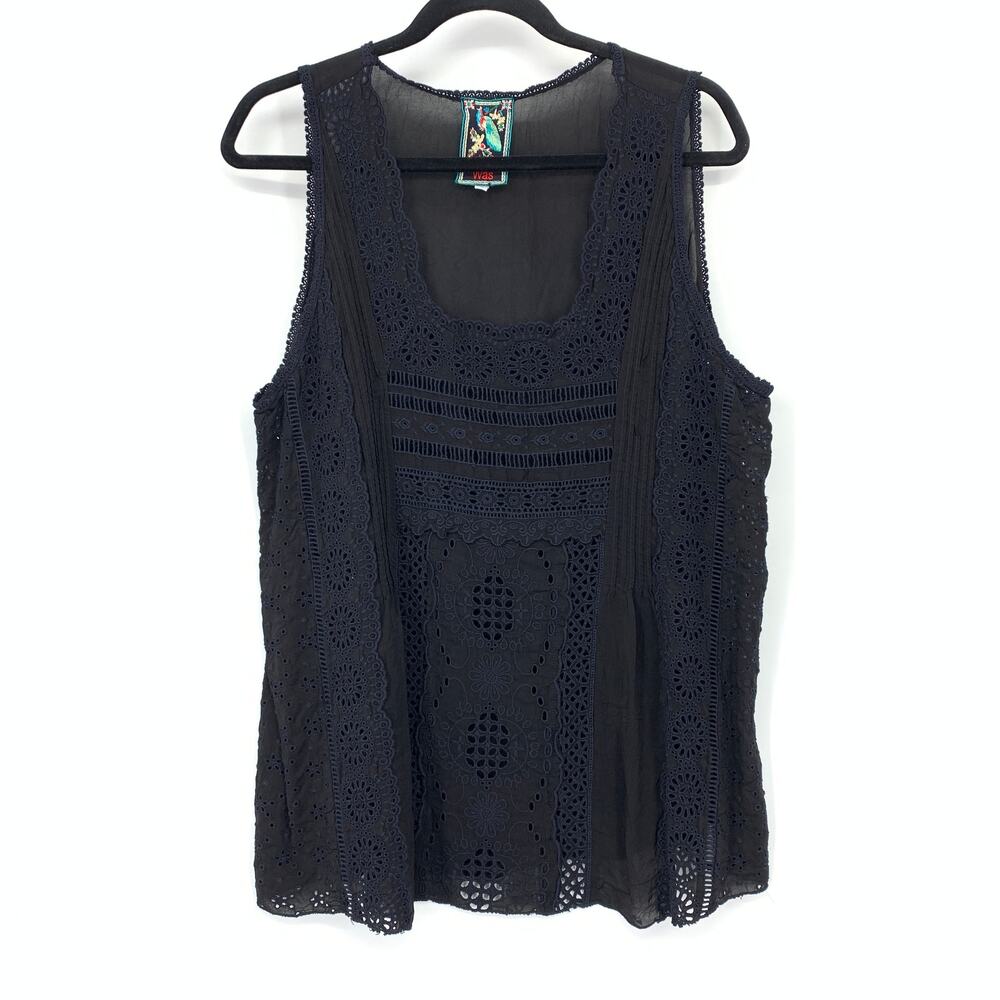 Johnny Was Tank Top Womens L Black Eyelet Lace Cutwork Sleeveless Boho Tunic